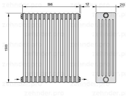 Схема (чертеж) Радиатор Zehnder Charleston 6150/13 №2670 Белый глянцевый RAL 9016